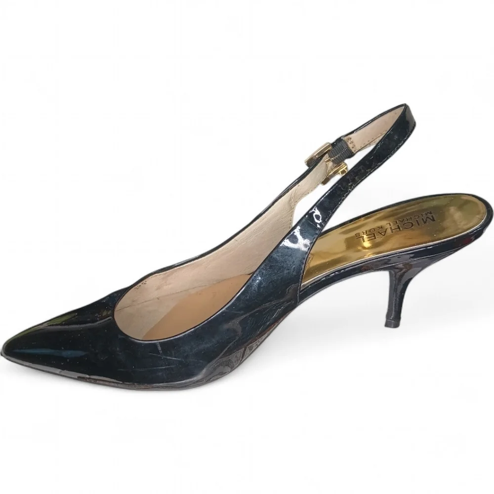 Michael Kors | Kelsey Kitten Slingback | Blk Patent Leather Gold Hardware | Sz 9